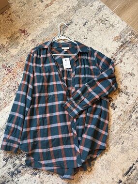 Knox Rose Teal Plaid Button-Down with Rust and Pink Checks